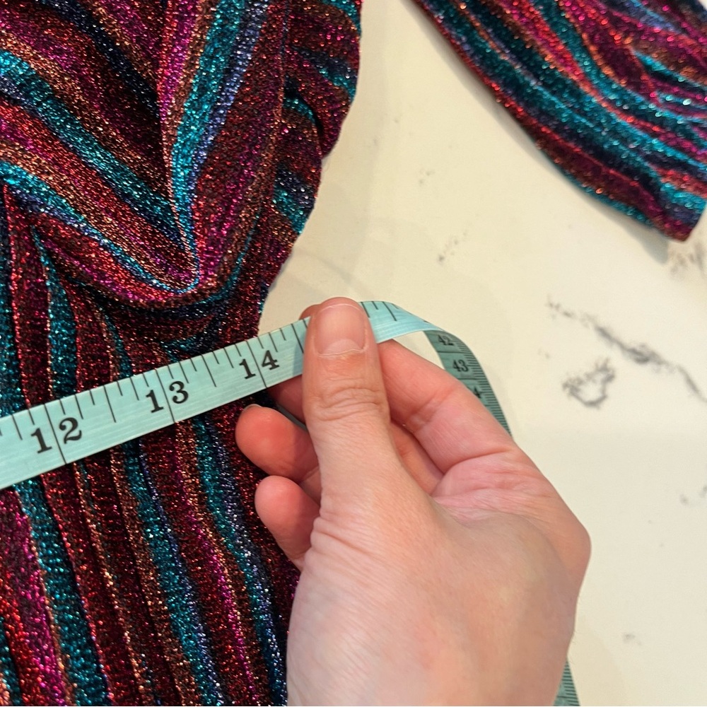 2741 Jonathan Simkhai Rainbow Metallic Pleated Long Sleeve V-Neck Party Gown 4 - Picture 7 of 9